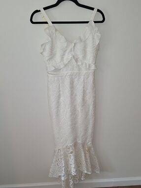 White Lace Ruffle-Trim Midi Dress